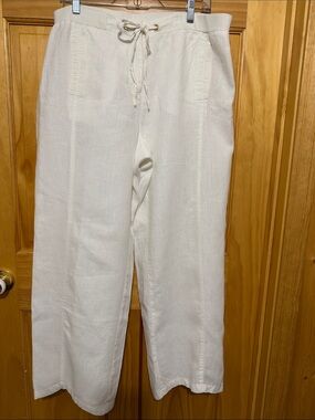 JM Collection White Linen Drawstring Pants, Gold Buttons, Size 14 Short.